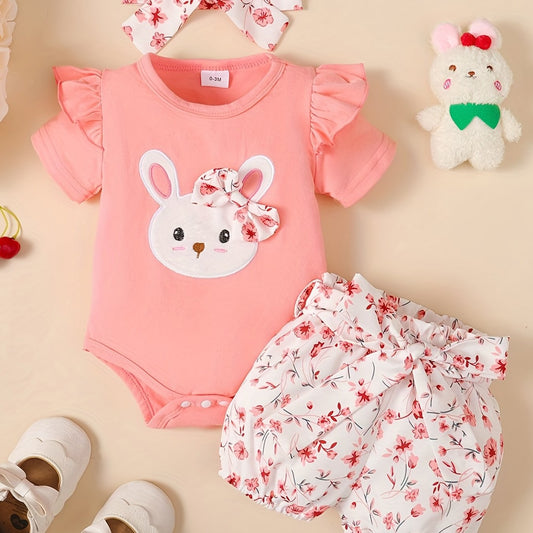 3pcs Baby Girls Rabbit Print Onesie & Floral Shorts Set