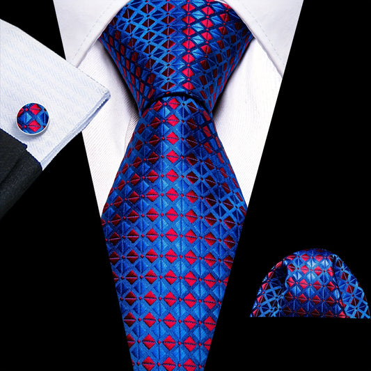 Barry Wang Men's Tie Silk Plaid Jacquard Tie Cufflinks Scarf Set