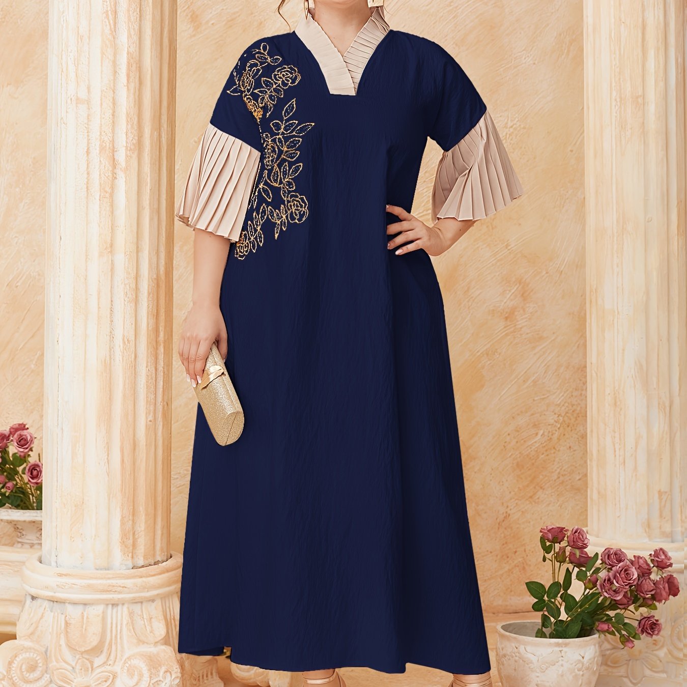 Floral Embroidered Sleeve V Neck Maxi Dress