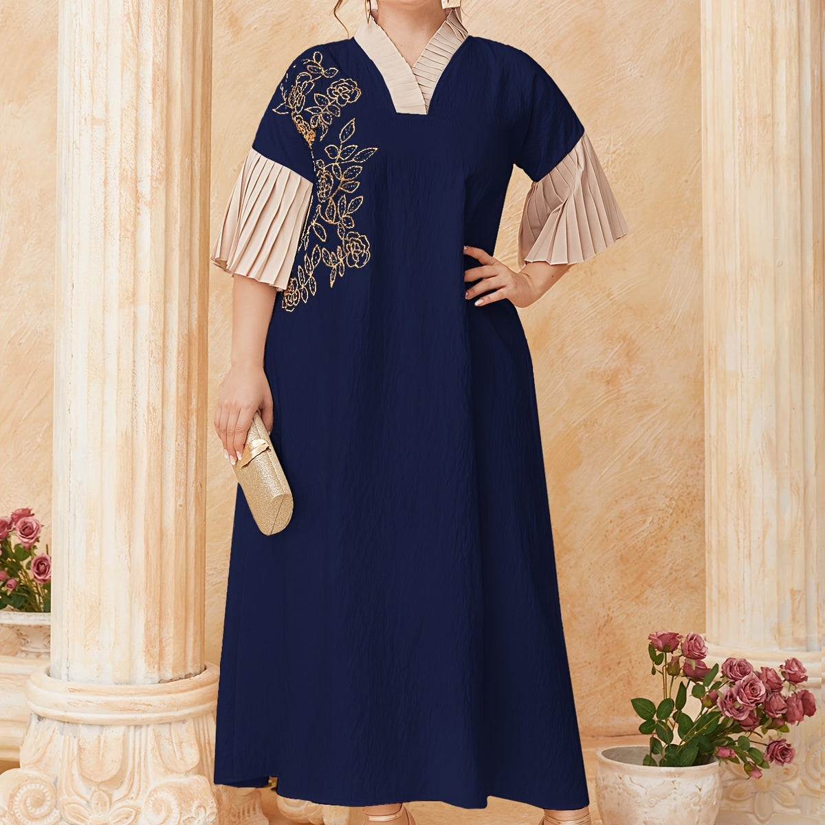 Floral Embroidered Sleeve V Neck Maxi Dress