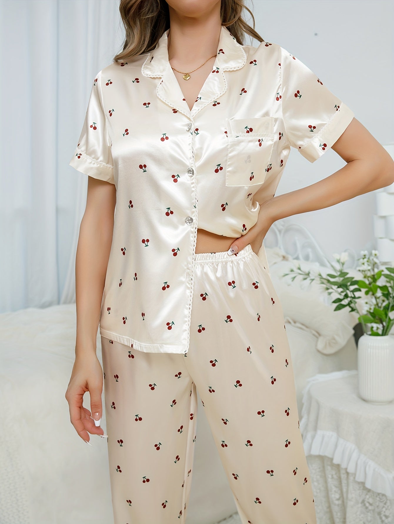 Cherry Print Pajama Set Short Sleeve Top & Pants