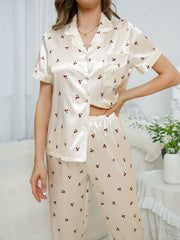 Cherry Print Pajama Set Short Sleeve Top & Pants