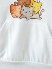 Girls Cat Print Hooded Pullover Sweatshirt