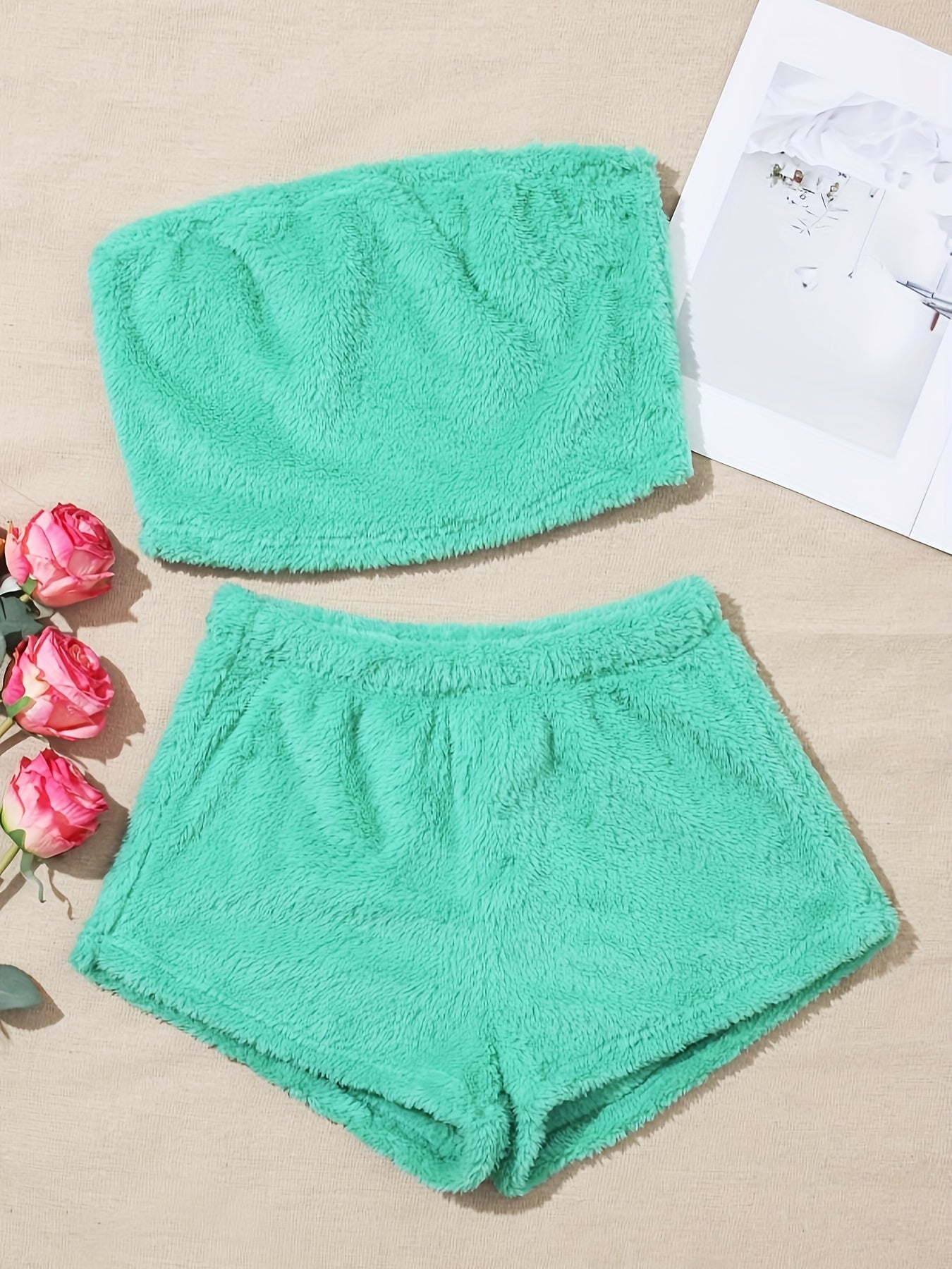 Fuzzy Pajama Set Strapless Crop Top & Shorts Women's Sleepwear