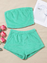 Fuzzy Pajama Set Strapless Crop Top & Shorts Women's Sleepwear