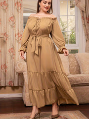  Solid Off Shoulder Maxi Dress With Belt