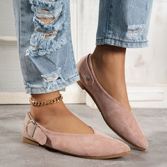 Women's Pointed Toe V-cut Loafers with Metal Buckle Strap