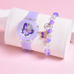 Girls' Butterfly LED Light Watch with Beaded Bracelet Set