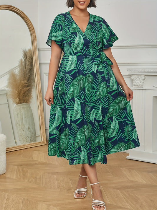  Tropical Print Flutter Sleeve Surplice Neck Dress