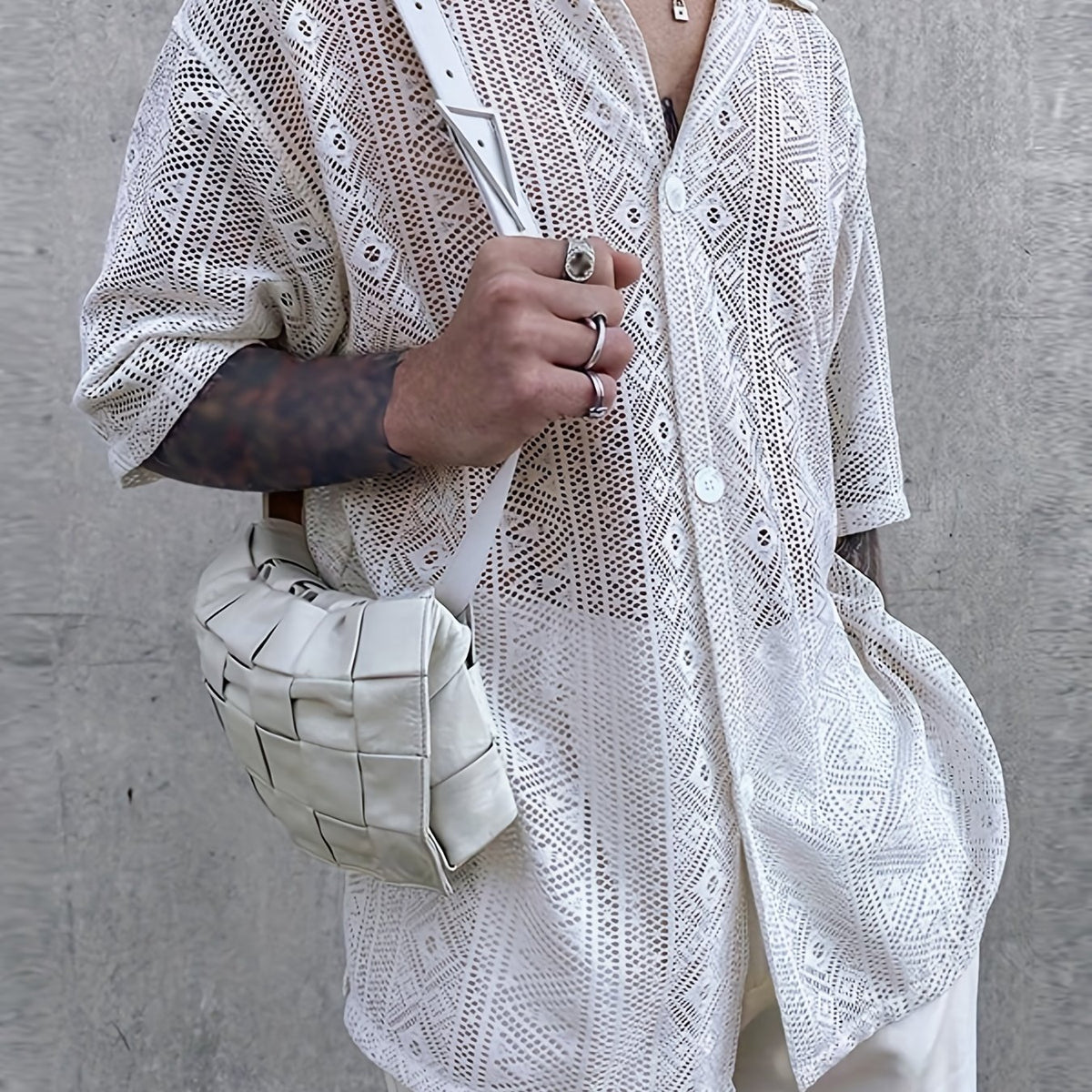 INCERUN Floral Lace Short Sleeve Shirts Casual Mesh Sheer Party Vacation Tee