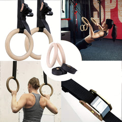Wooden Gymnastics Rings with Adjustable Straps for Fitness Training