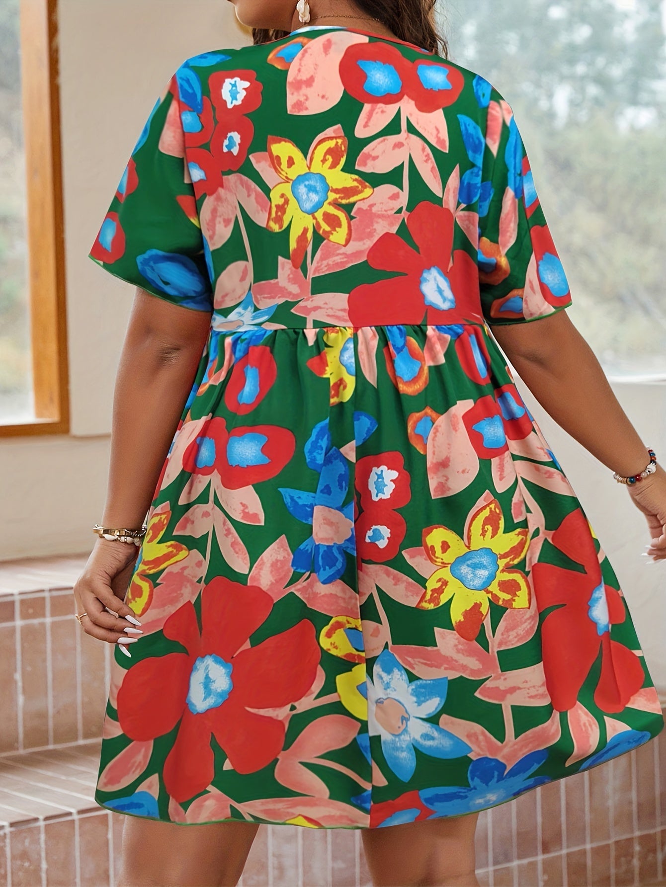  Boho Dress Women's Plus Floral Print V Neck Mini Dress