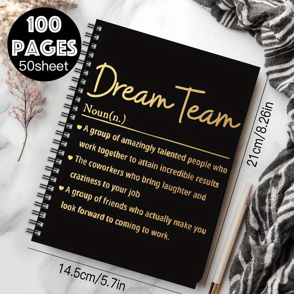 Inspirational Spiral Notebook DREAM TEAM Motivational with Golden Text 100 Pages