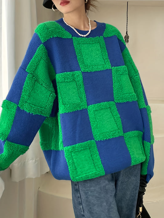 Y2K Checker Pattern Sweater Long Sleeve Round Neck Pullover Jumper