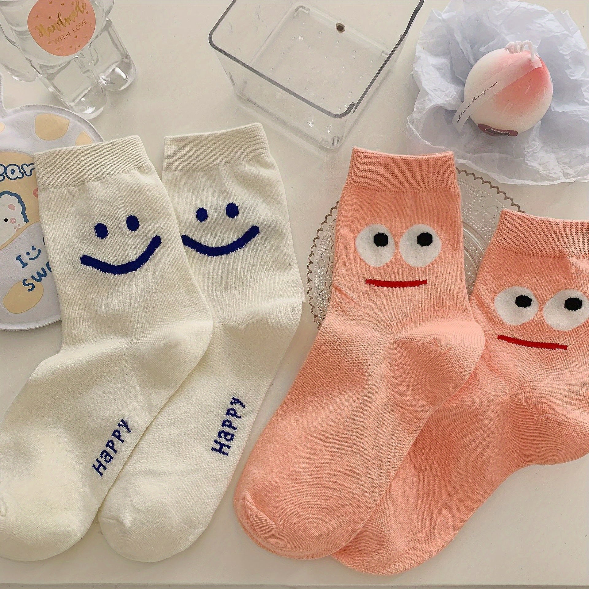 2 Pairs Cartoon Print Socks Comfy & Breathable Mid Tube Socks Women's Stockings