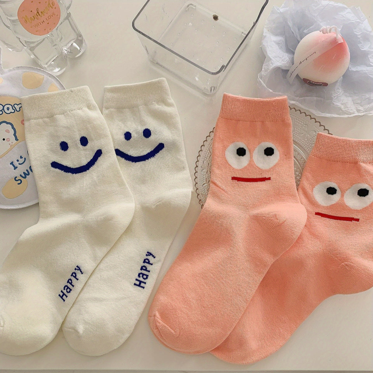 2 Pairs Cartoon Print Socks Comfy & Breathable Mid Tube Socks Women's Stockings