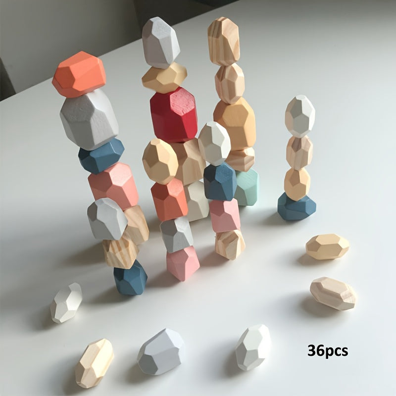 36pcs Wooden Stacking Rocks Balancing Stones Wood Building Blocks Learning Toys
