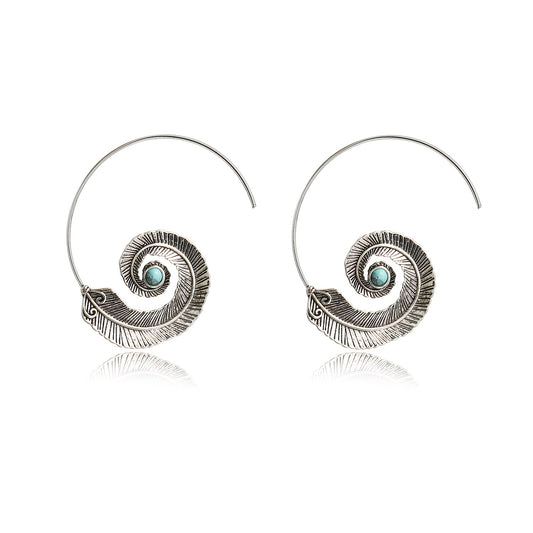 Vintage Geometric Spiral Feather Earrings Engraved Boho Style Dangle Earrings