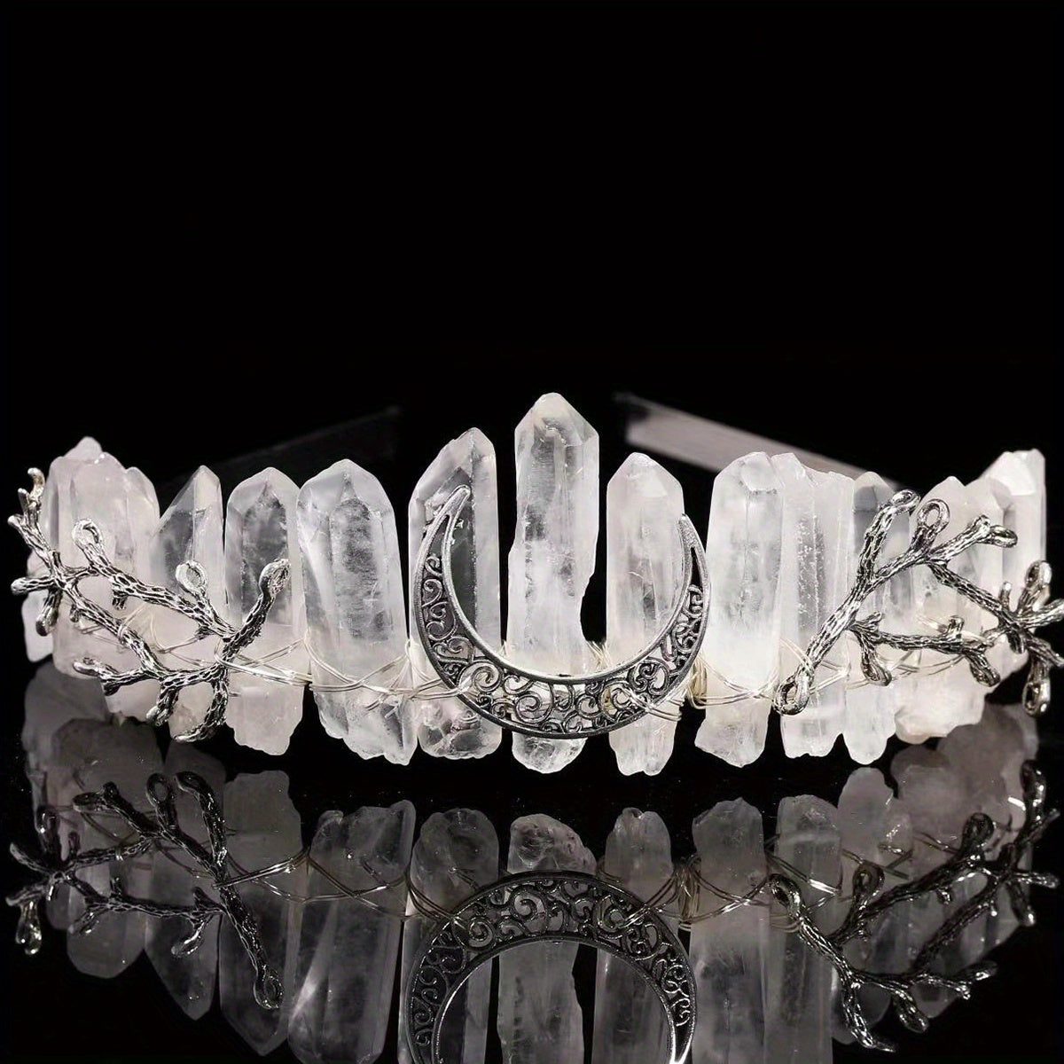 Crystal Quartz Hollow Moon Crown Tiara Headband for Women