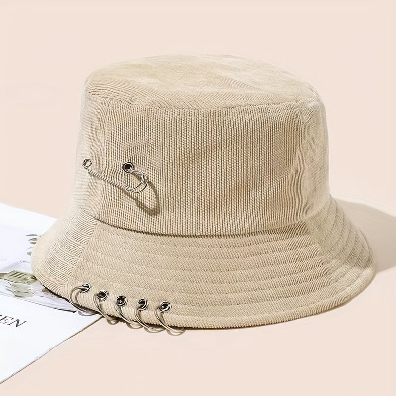 Unisex Hip Hop Bucket Hat Pin Brooch Decor Solid Cotton Basin Hat
