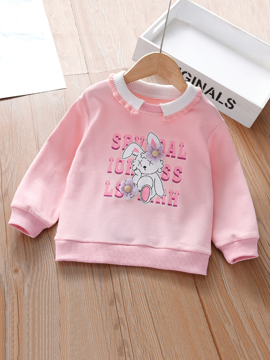 Flower & Bunny Graphic Sweatshirt Top Girls Collared Neck Pullover