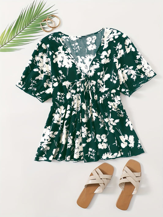  Floral Print Tie Front Short Sleeve V Neck Blouse