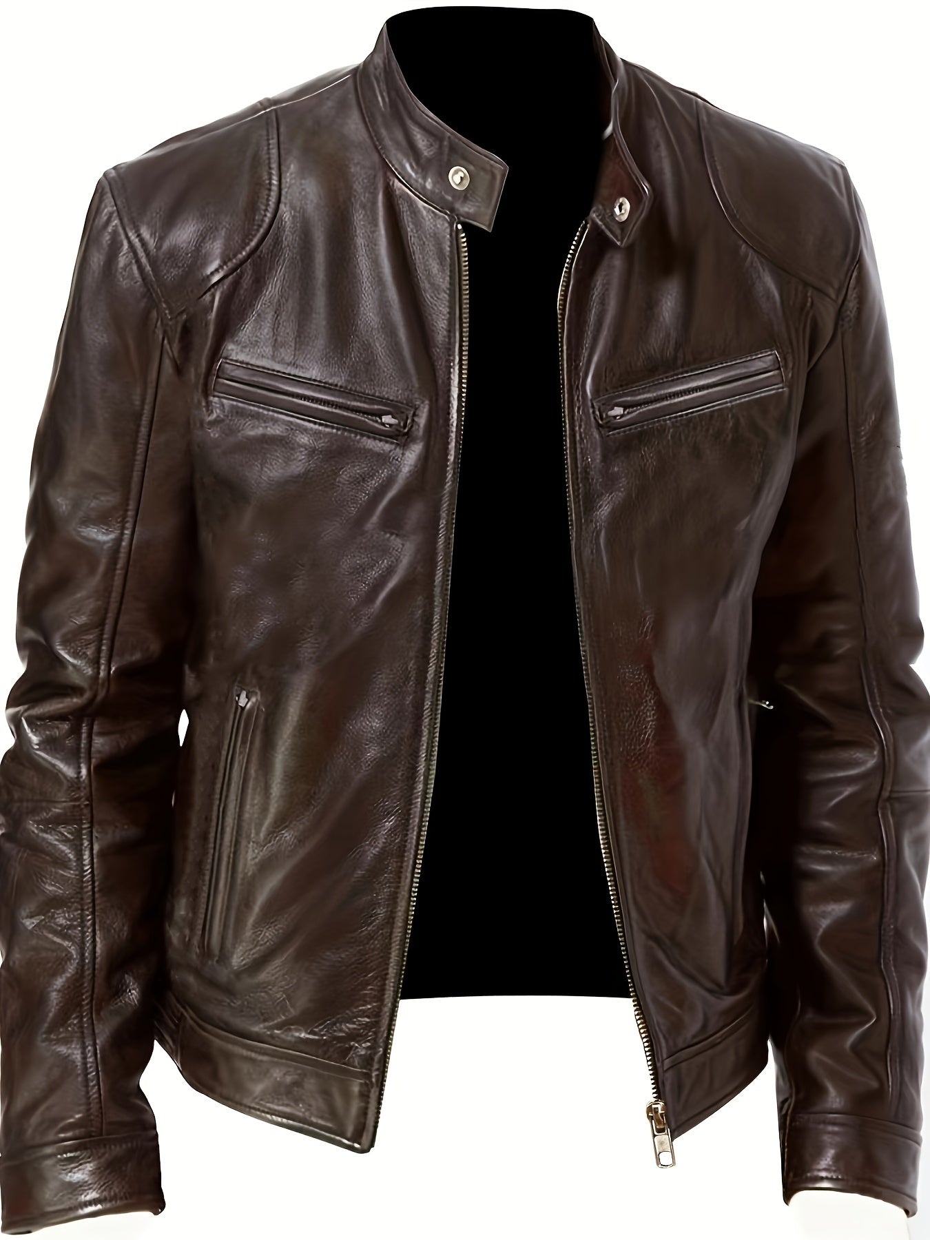 Men's Faux Leather Windbreaker Zipper Stand Collar PU Jacket