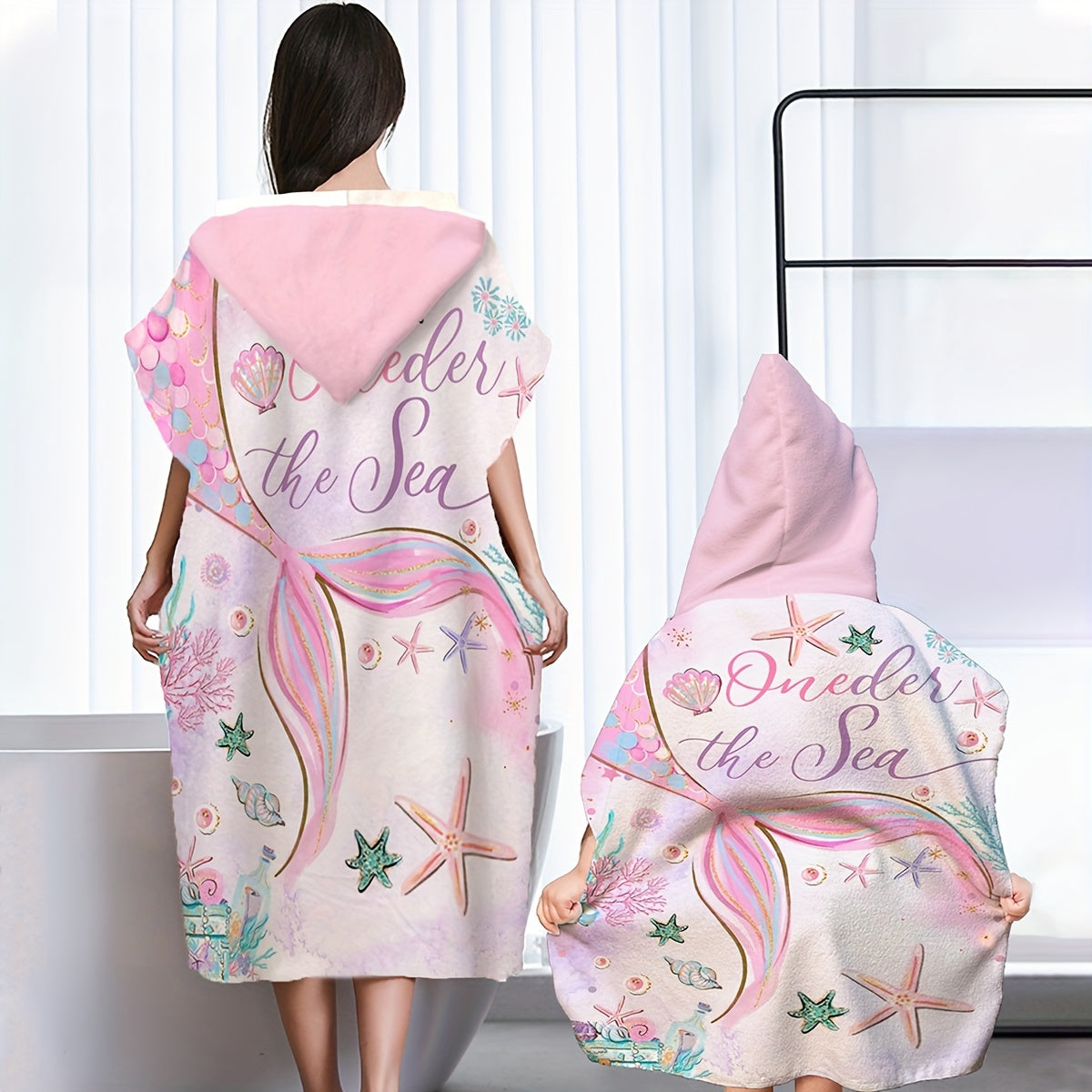 Mermaid Printed Hooded Bathrobe Soft Microfiber Towel
