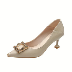 Women's Pointed Toe Kitten Heels Square Rhinestone Slip On Low Heels