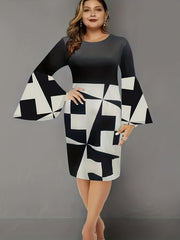  Colorblock Geometric Print Bell Sleeve Round Neck Midi Dress
