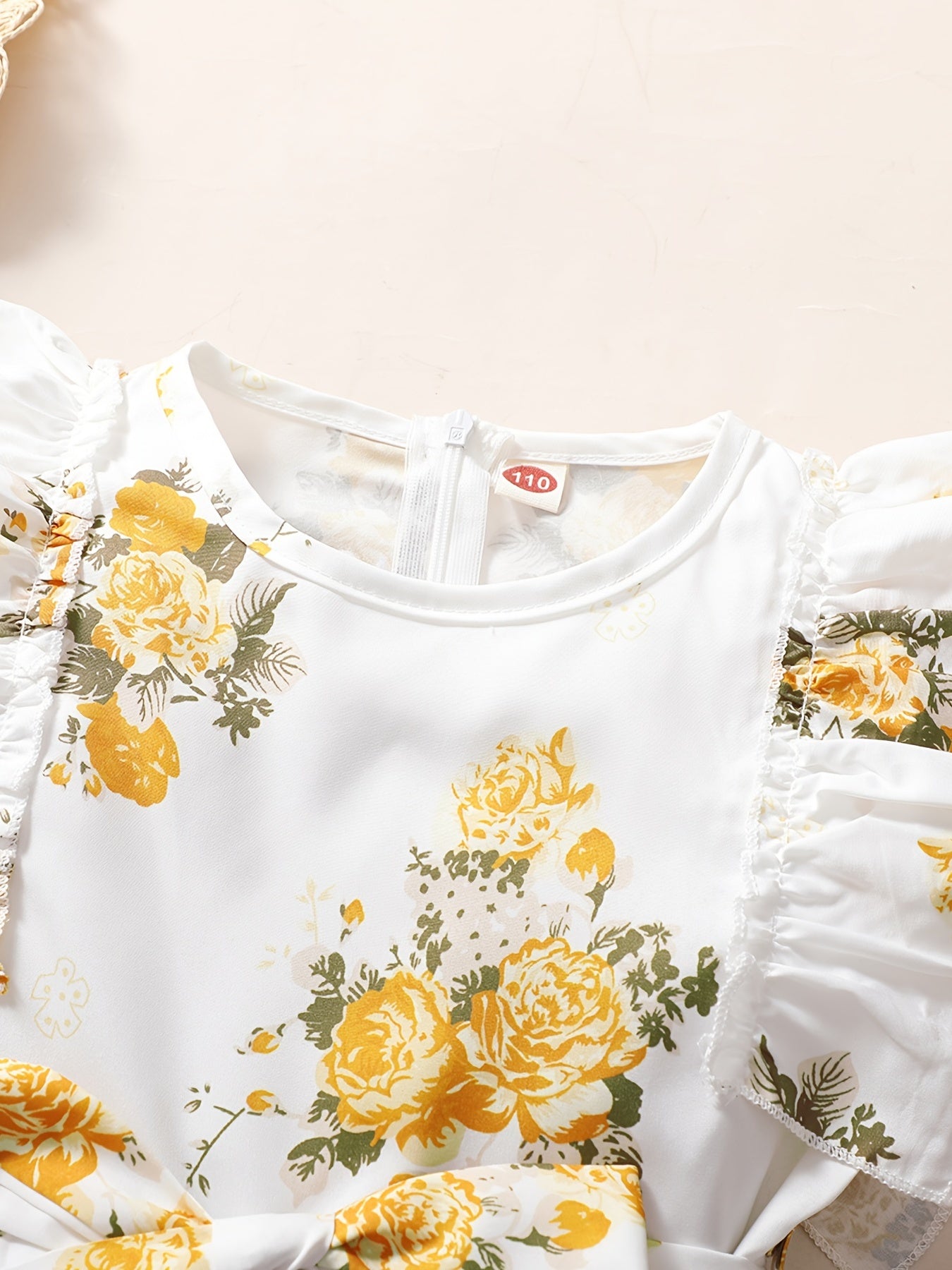 Girls Flowers Print Romper Sleeveless Ruffles Jumpsuit With Belt
