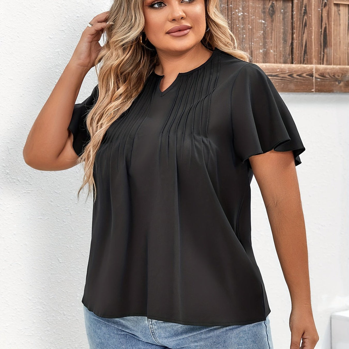  Ribbed Cap Sleeve Notched Neck Blouse