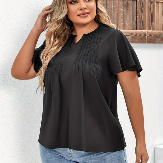  Ribbed Cap Sleeve Notched Neck Blouse
