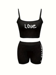 Letter Print Lounge Set Cami Top & Skinny Shorts
