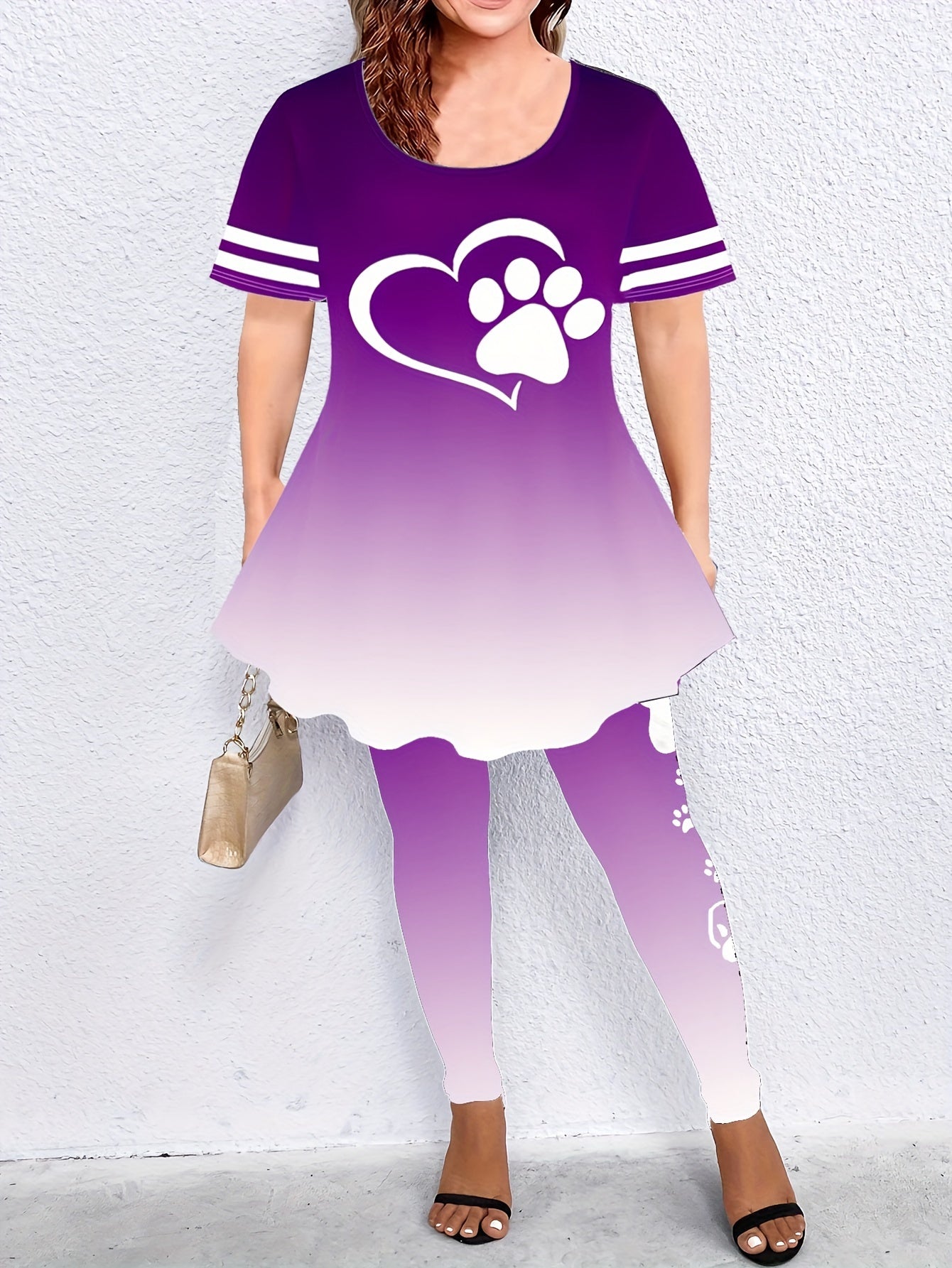  Paw Heart Print Top & Leggings Outfit Set for Women