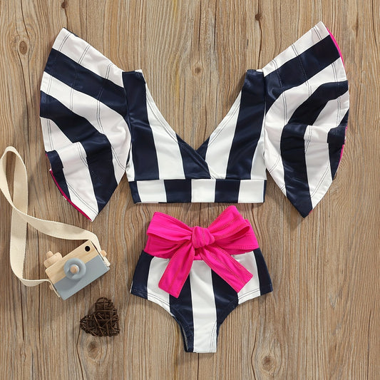 2pcs Baby Girls Striped Lemon Top & Bowknot Shorts Swimsuit Set