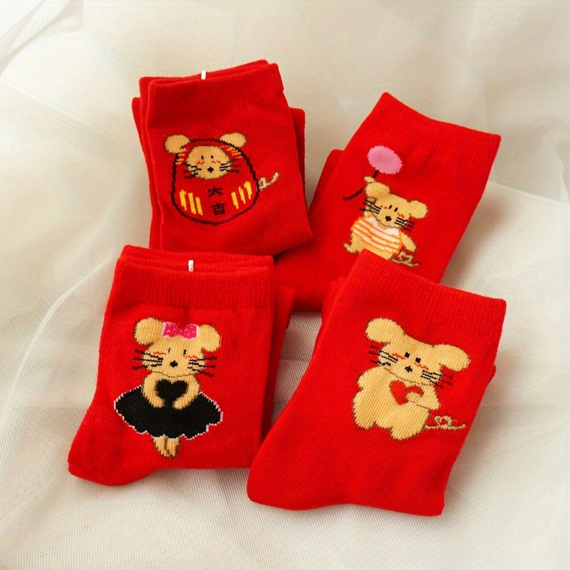 4 Pairs Cartoon Print Socks Chinese Year Women's Stockings Hosiery
