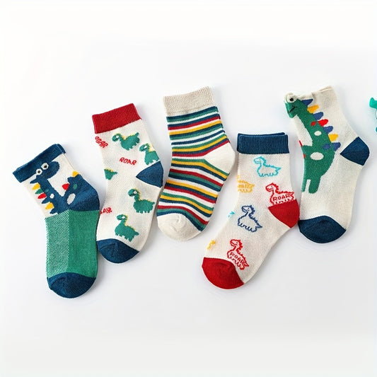 5pairs Boys Kids Cotton Blend Dinosaur Crew Socks Breathable Spring Summer