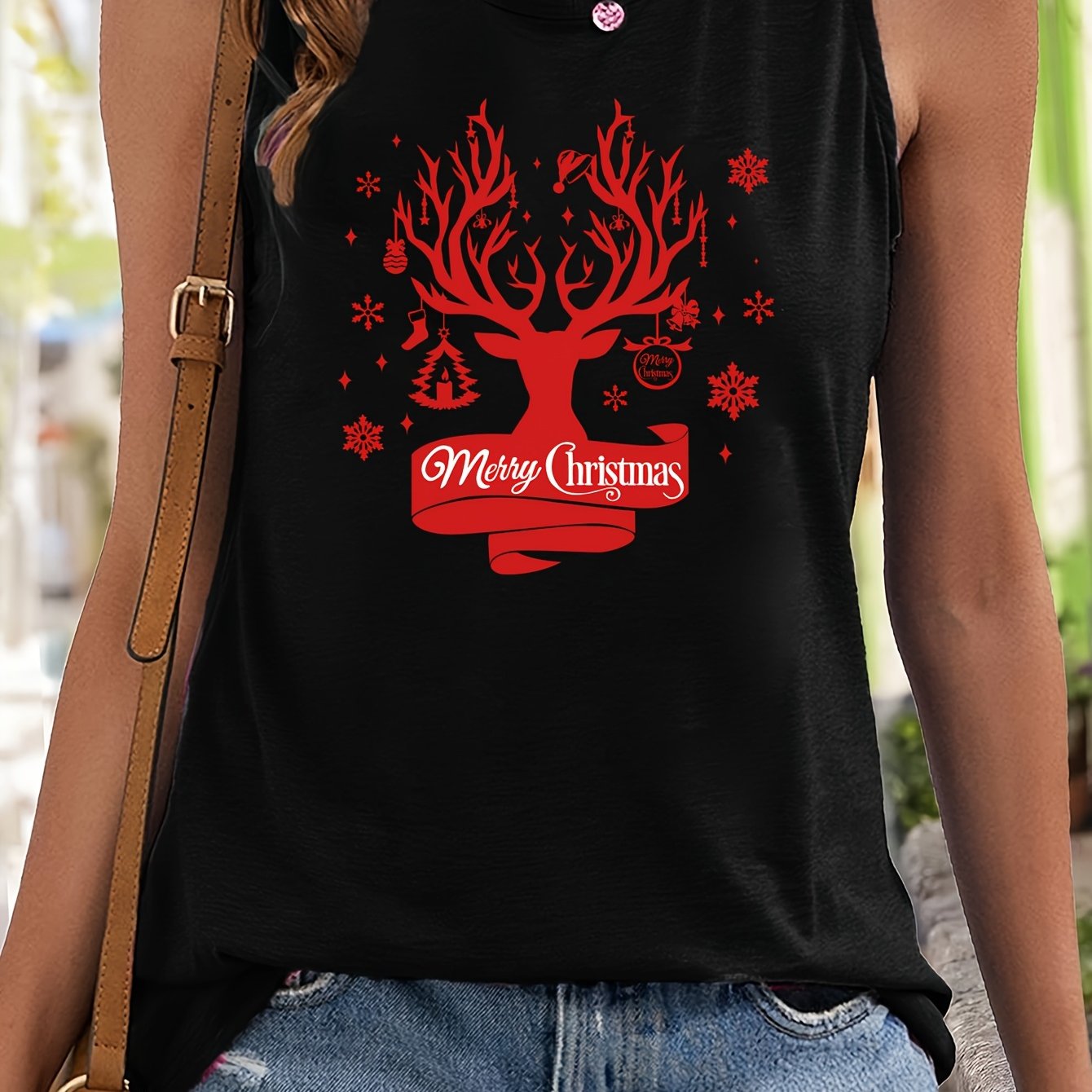 Christmas Tree Print Tank Top Crew Neck Fitted Sleeveless Sports Top