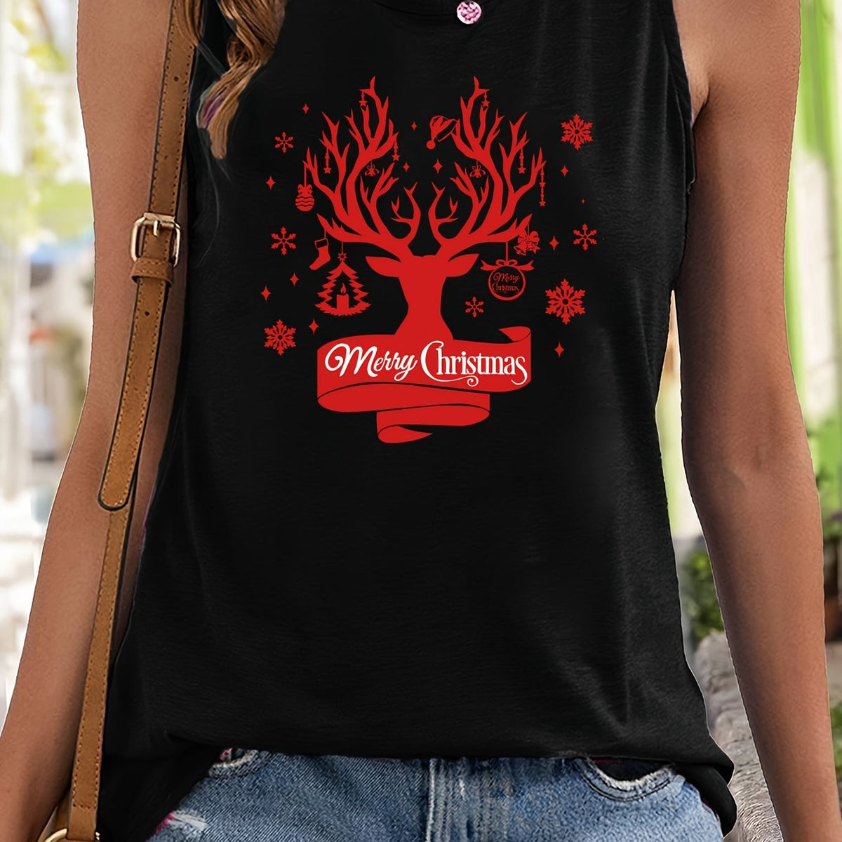 Christmas Tree Print Tank Top Crew Neck Fitted Sleeveless Sports Top