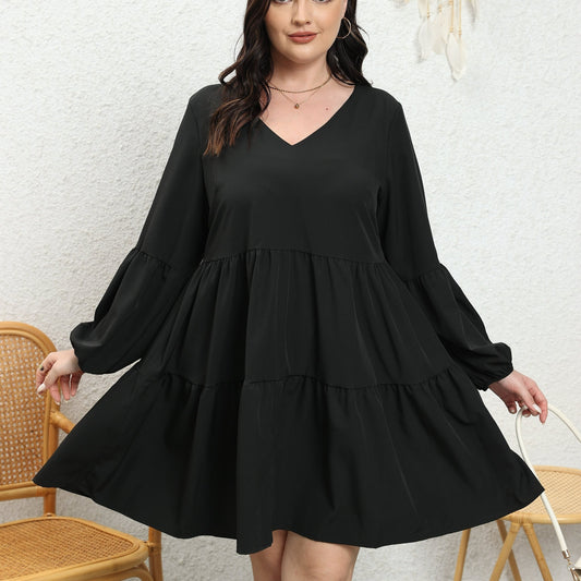  V Neck Mini Smock Dress Lantern Sleeve