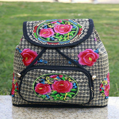 Flower Embroidered Backpack Ethnic Style Daypack Drawstring Bag