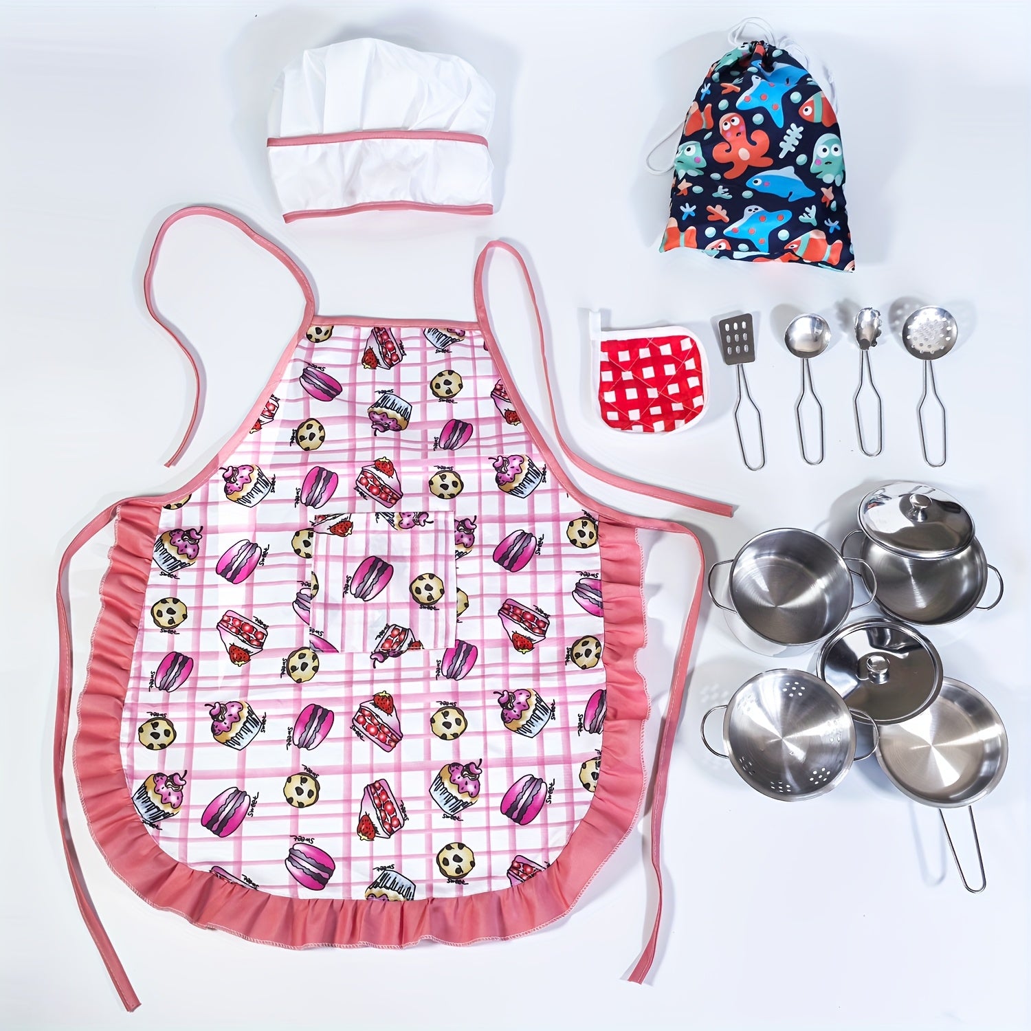 14pcs Kids' Pink Dinosaur Cooking Set w/ Apron Hat & Accessories