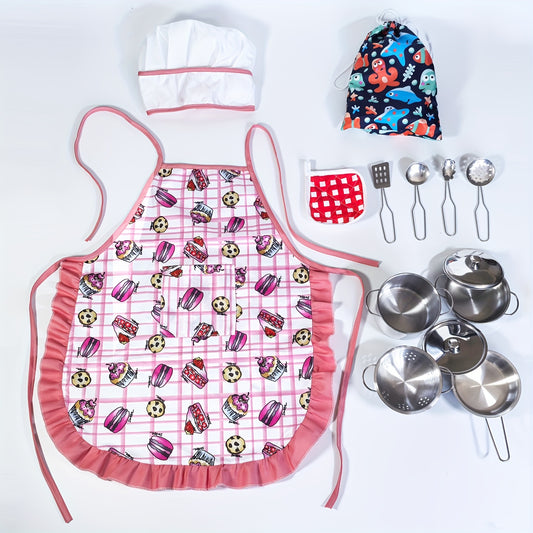 14pcs Kids' Pink Dinosaur Cooking Set w/ Apron Hat & Accessories