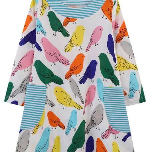Colorful Birds Toddler Girls Cotton Long Sleeve Dress 2-7 Years