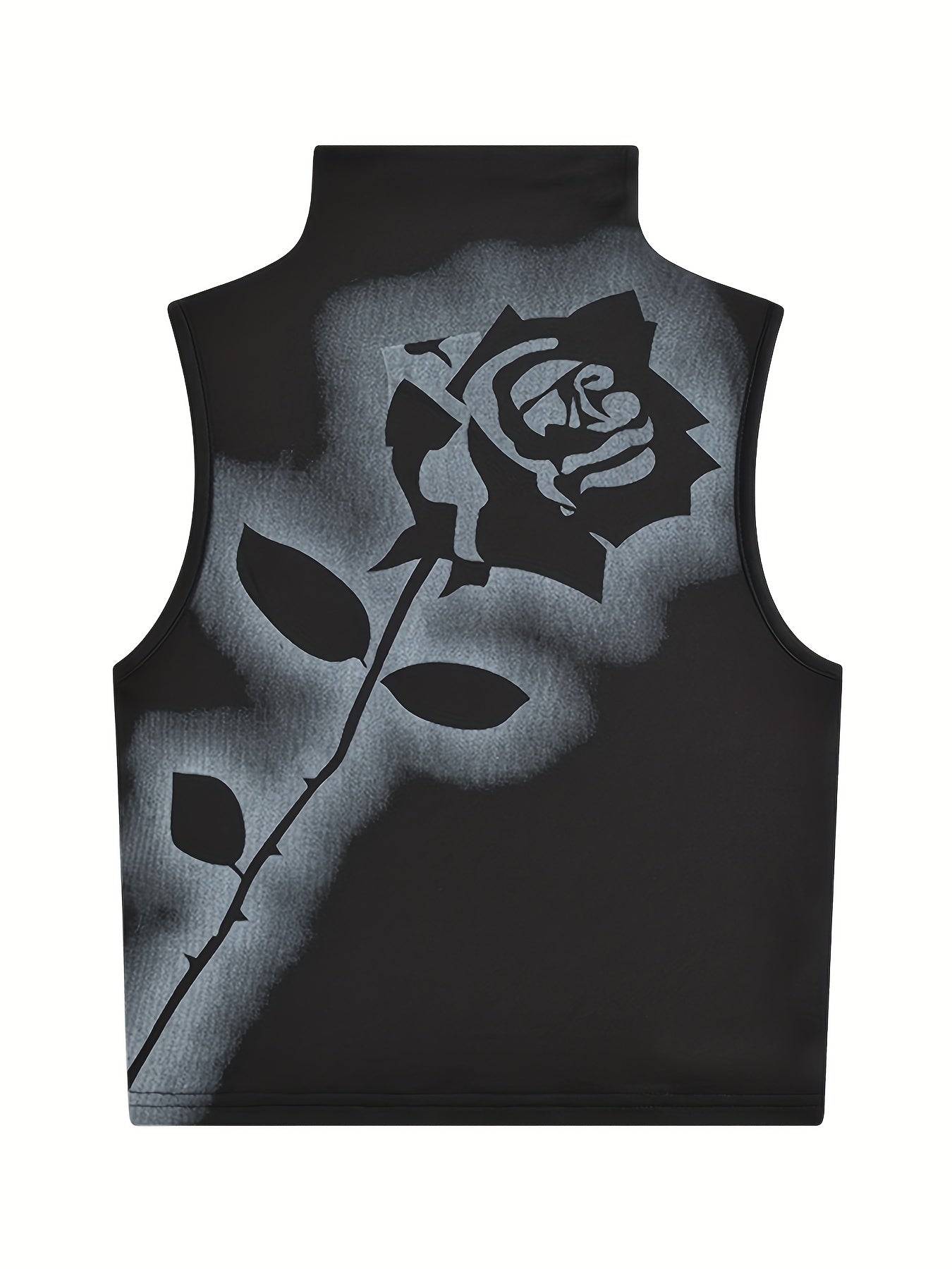 Rose Print Turtle Neck Top Sleeveless for Summer