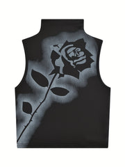 Rose Print Turtle Neck Top Sleeveless for Summer