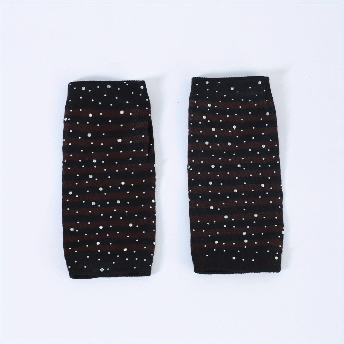 Striped Knitted Short Gloves with Rhinestone Decor
