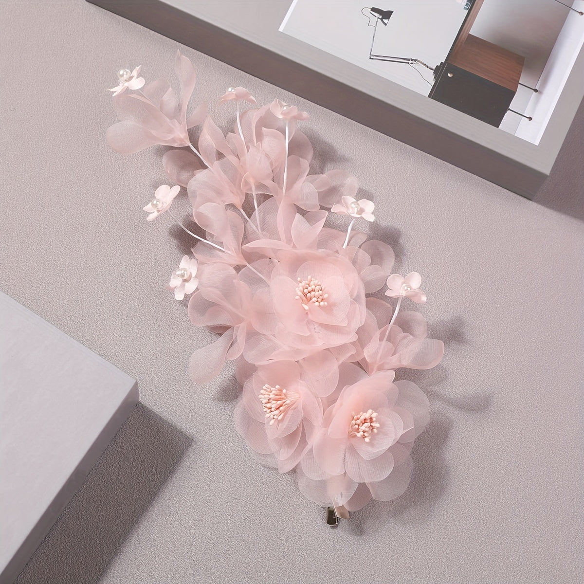 Salmon Pink Flower Hair Clip Large Mesh Flower Duck Billed Clip