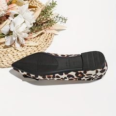 Leopard Print Flat Shoes Point Toe Dress Shoes Lightweight Square Buckle Decor